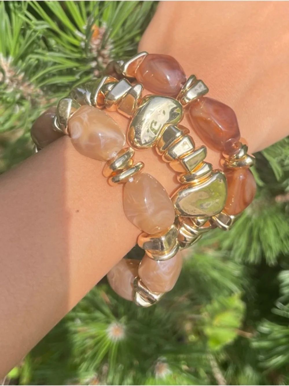 3 pack stacking Bracelets - Gold & Brown Faux Stone and Gold Stretchy OS